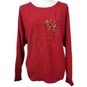 Vintage 80s DAVID BENJAMIN L Red Silk Blend Sweater Floral Sequin Embellished